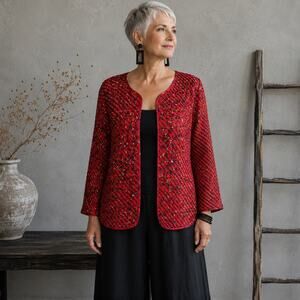 Chico's Vintage Red Woven Silk Open Front Vintage  Jacket 2
